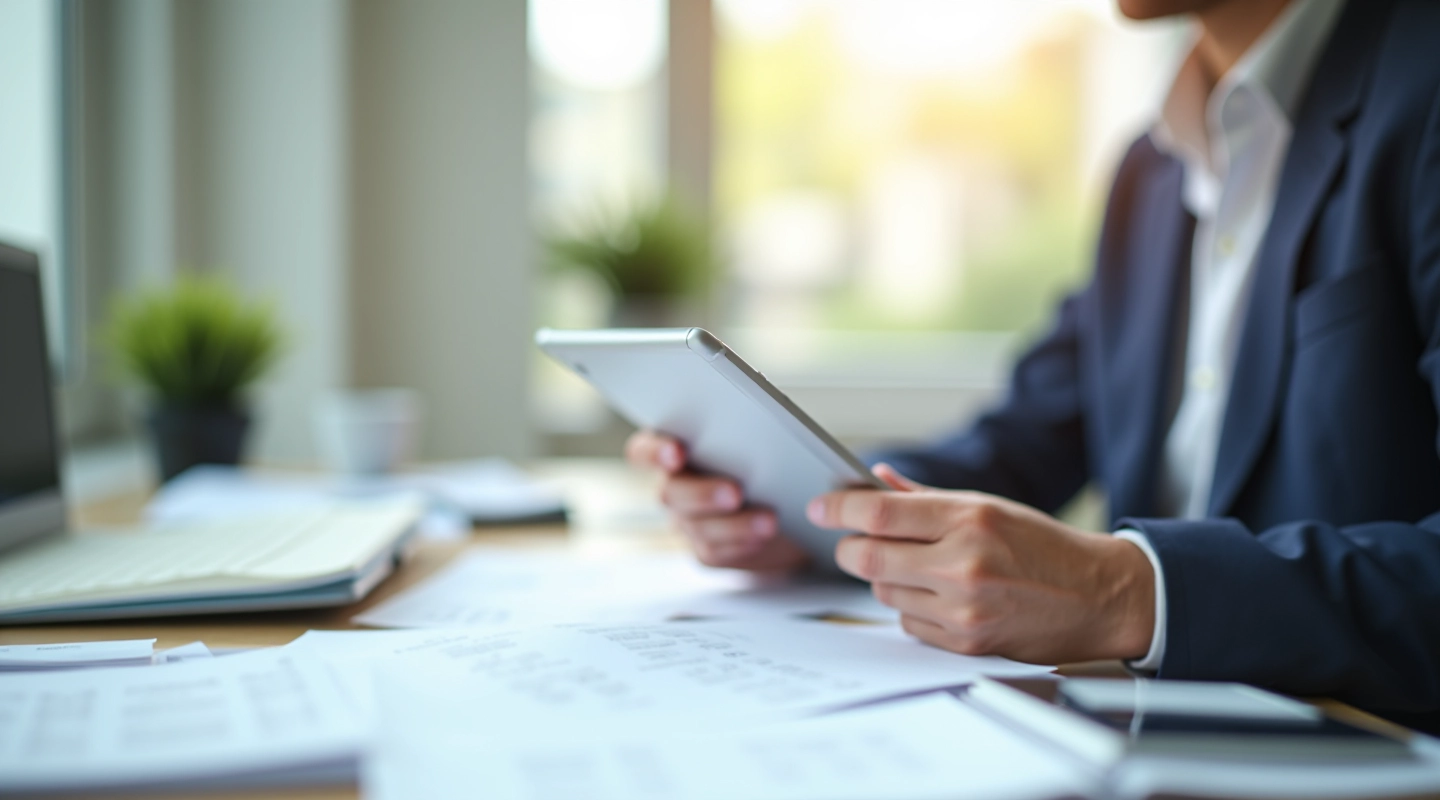 Professional workspace with digital receipt organization and expense tracking tools