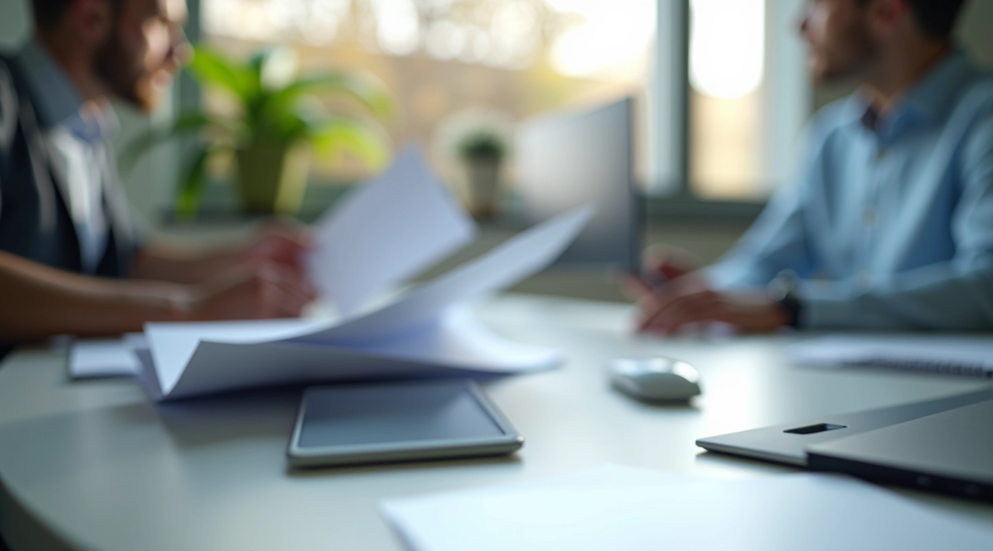 Professional office setup with scanner and documents on desk, bright natural lighting, sharp focus