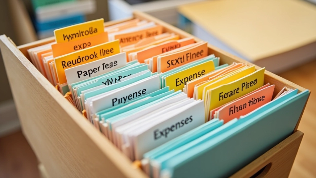 Color-coded folder system with labeled categories arranged neatly on wooden table