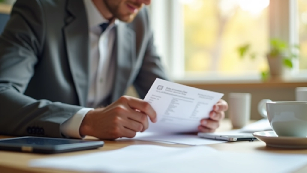 Person reviewing receipts at desk with notepad and coffee, morning natural lighting