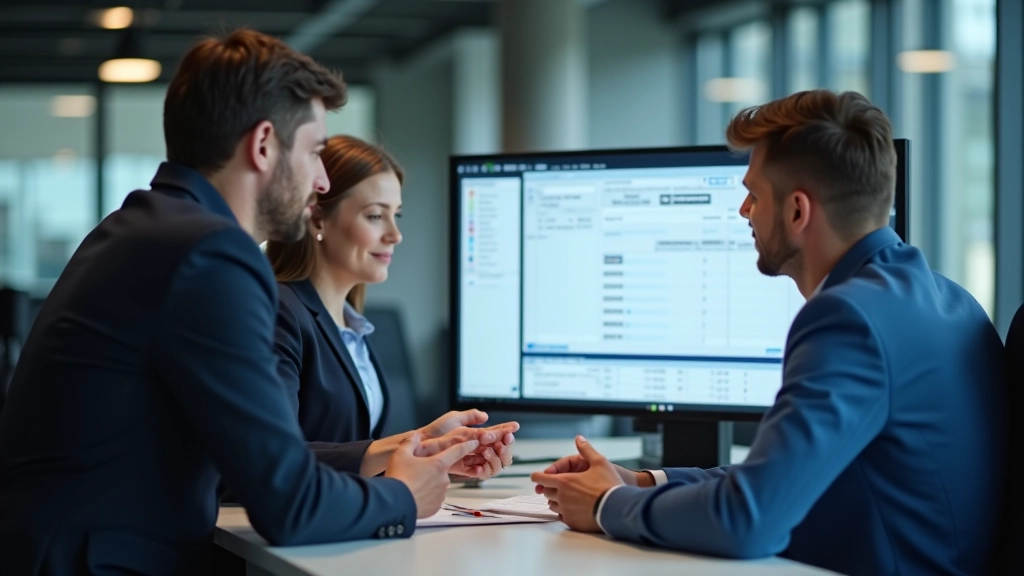 Team members collaborating around shared receipt management system on large monitor